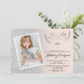 Zilveren glitter roze ombre eerste communie foto kaart (Staand voorkant)