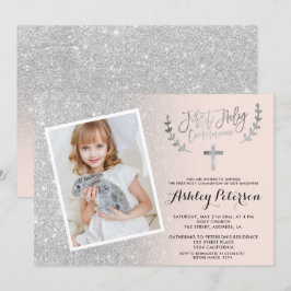 Zilveren glitter roze ombre eerste communie foto kaart