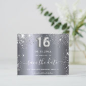 Zilveren glitter 'Save the Date' voor een Sweet 16 (Staand voorkant)