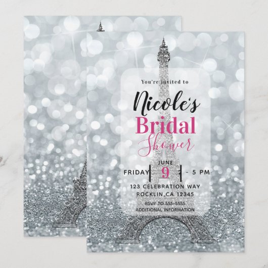 Zilveren Glitter Schitterende Eiffeltoren Bruidsdo Kaart (Voorkant / Achterkant)