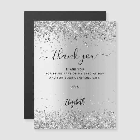 Zilveren glitter schittert elegant bedankje magnetische uitnodiging (Voorkant / Achterkant)