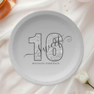 Zilveren Glitter Schrift Sweet 16 Papieren Bordje