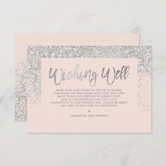 Zilveren glitter script blush roze wensengoed informatiekaartje (Voorkant / Achterkant)