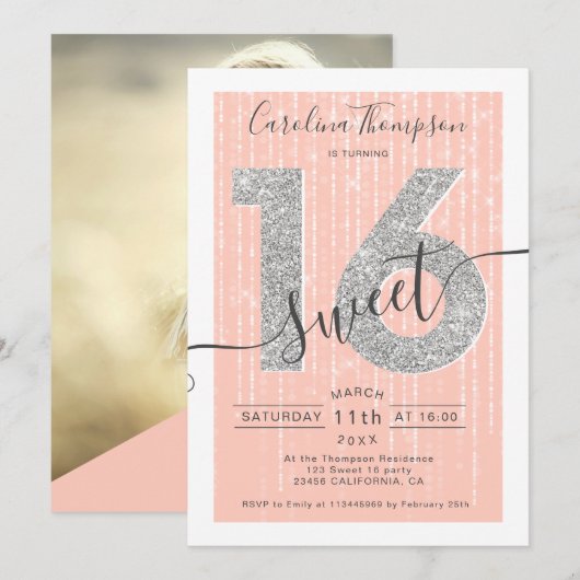 Zilveren glitter script perzik Sweet 16 foto Kaart (Voorkant / Achterkant)