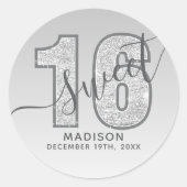 Zilveren Glitter Script Sweet 16 Verjaardag Ronde Sticker (Voorkant)