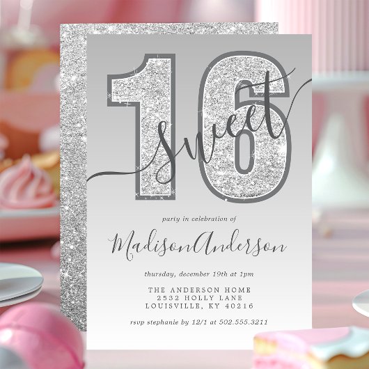 Zilveren Glitter Script Sweet 16 Verjaardagsfeestj Kaart