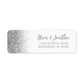 Zilveren Glitter Script Witte Trouw Retouradres Etiket (Voorkant)