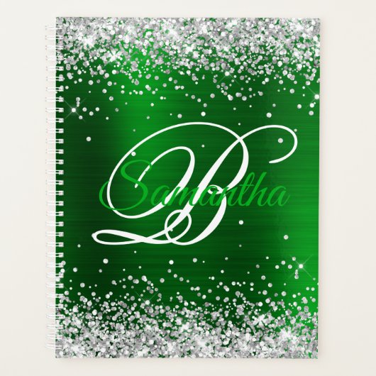 Zilveren Glitter Smaragdgroene Folie Fancy Monogra Planner (Voorkant)