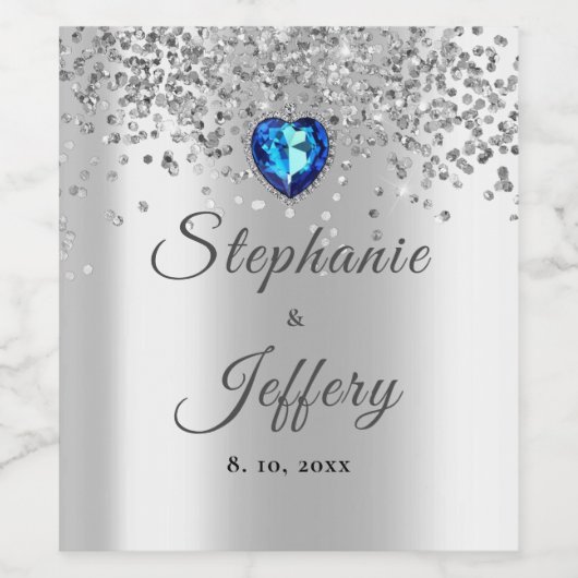 Zilveren Glitter Sparkle Blue Bruiloft Wijn Etiket (Enkel label)