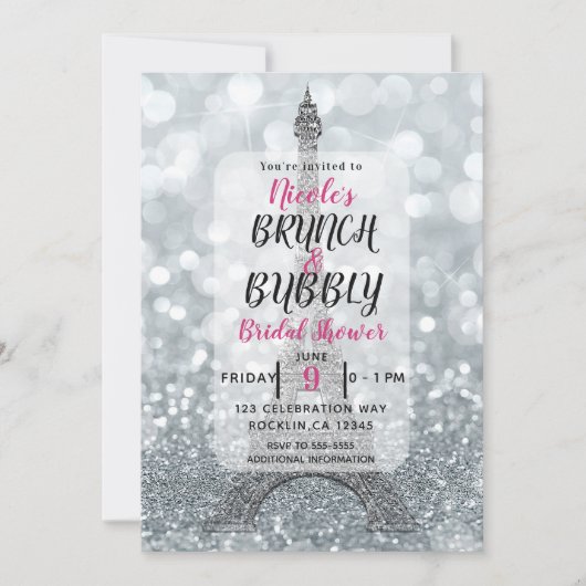 Zilveren Glitter Sparkle Eiffel Tower Brunch Bubbl Kaart (Voorkant)