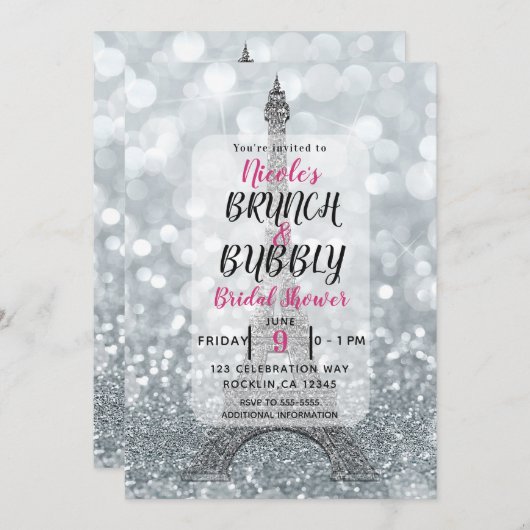Zilveren Glitter Sparkle Eiffel Tower Brunch Bubbl Kaart (Voorkant / Achterkant)