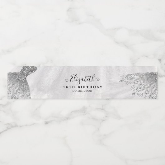 Zilveren Glitter Sparkle Gown Sweet 16e Verjaardag Waterfles Etiket (Enkel label)