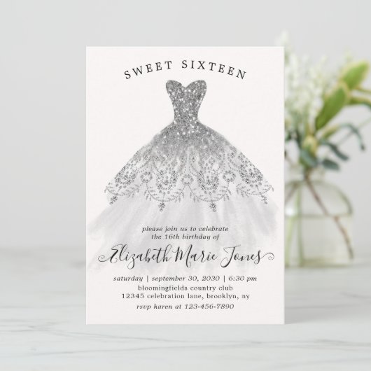 Zilveren Glitter Sparkle Jurk Sweet 16e Verjaardag Kaart (Staand voorkant)
