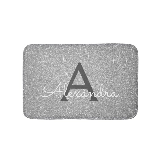 Zilveren Glitter Sparkle Monogram Badmat (Voorkant)