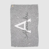 Zilveren Glitter & Sparkle Monogram Naam Golfhanddoek (Voorkant)