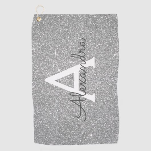 Zilveren Glitter & Sparkle Monogram Naam Golfhanddoek (Voorkant)