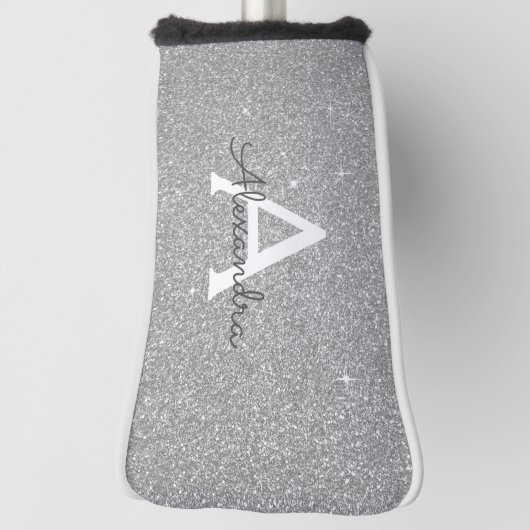 Zilveren Glitter & Sparkle Monogram Naam Golfheadcover (Draai 90)