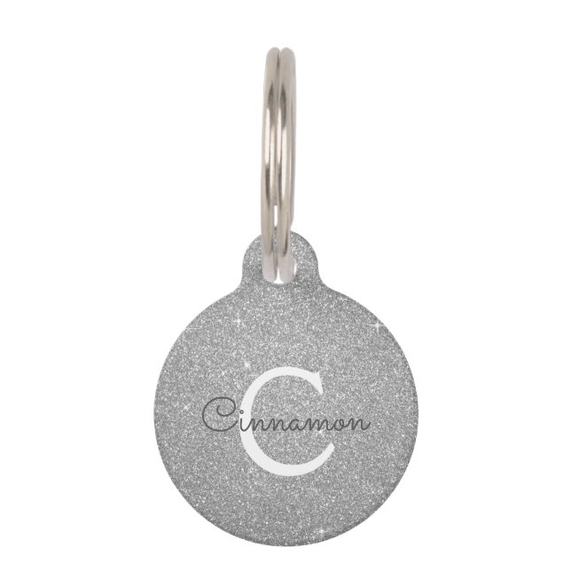 Zilveren Glitter & Sparkle Monogram Naam Huisdierpenning (Voorkant)