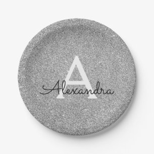 Zilveren Glitter & Sparkle Monogram Verjaardag Papieren Bordje