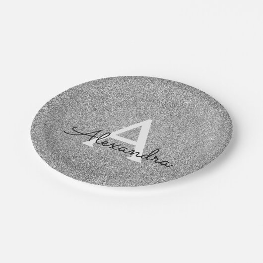 Zilveren Glitter & Sparkle Monogram Verjaardag Papieren Bordje (Gekanteld)