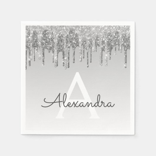 Zilveren Glitter & Sparkle Monogram Verjaardag Servet (Voorkant)