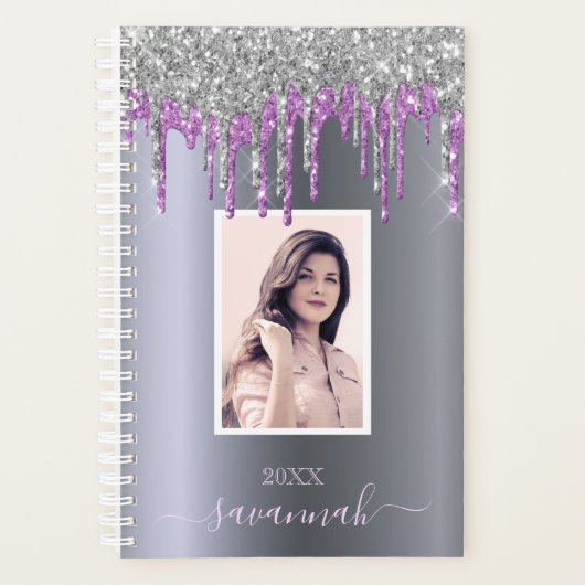 Zilveren glitter sparkle paarse aangepaste foto planner (Voorkant)