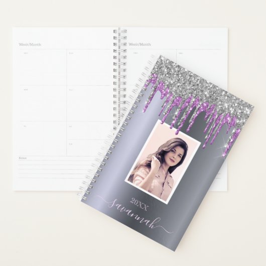 Zilveren glitter sparkle paarse aangepaste foto planner (Display)