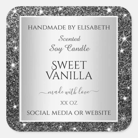 Zilveren Glitter Sparkle Product Verpakkingsetiket Vierkante Sticker (Voorkant)