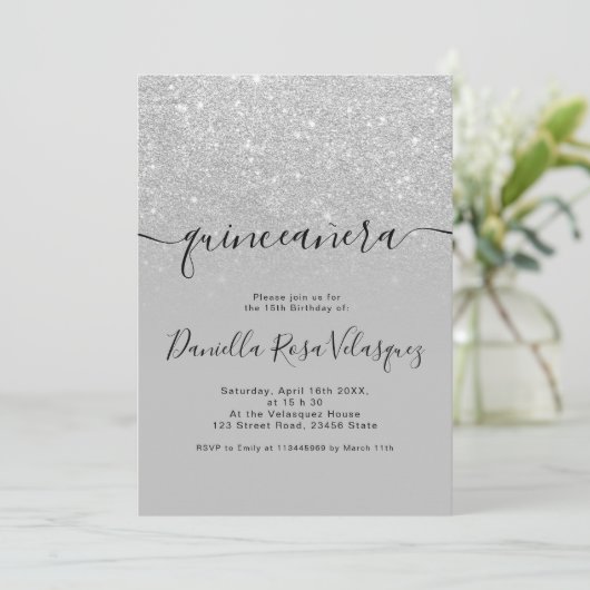 Zilveren glitter sprankelt grijs ombre quinceanera kaart (Staand voorkant)