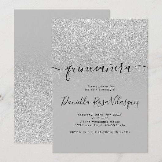 Zilveren glitter sprankelt grijs ombre quinceanera kaart (Voorkant / Achterkant)