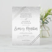 Zilveren glitter strepen elegant script bruiloft kaart (Staand voorkant)