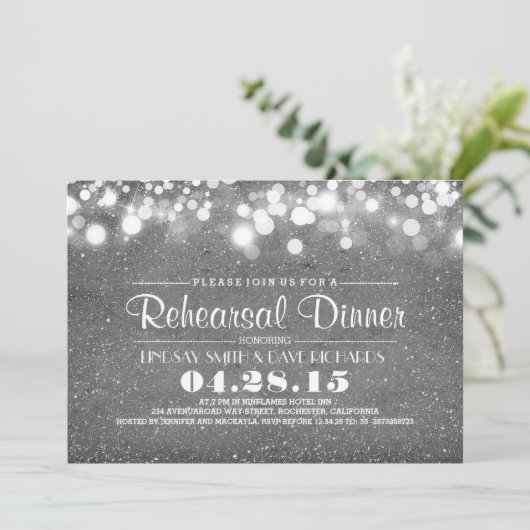 Zilveren glitter & string lichten repetitie diner kaart (Staand voorkant)