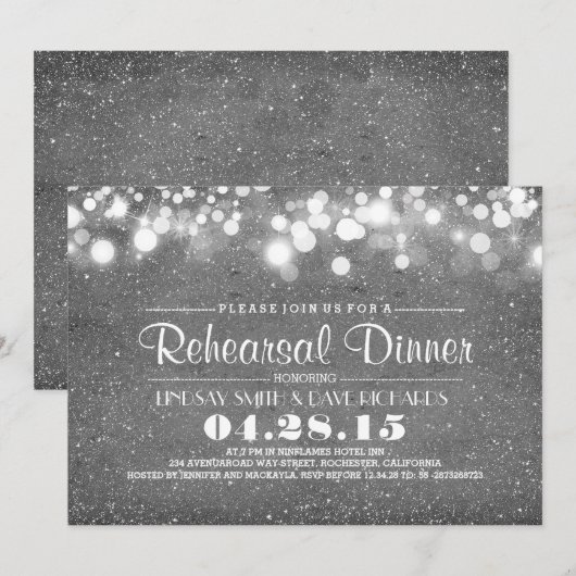 Zilveren glitter & string lichten repetitie diner kaart (Voorkant / Achterkant)