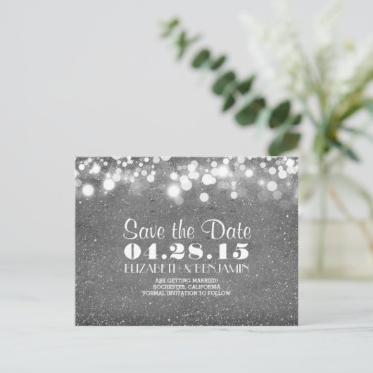 Zilveren glitter string van lichten Save the date Aankondigingskaart (Staand voorkant)