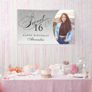Zilveren Glitter Sweet 16 gepersonaliseerde foto Spandoek