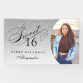 Zilveren Glitter Sweet 16 gepersonaliseerde foto Spandoek (Horizontaal)
