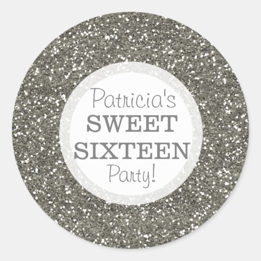 Zilveren Glitter Sweet 16 Ronde Sticker (Voorkant)