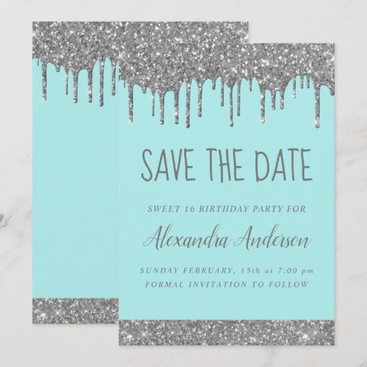 Zilveren Glitter Sweet 16 Save the Date Kaart (Voorkant / Achterkant)