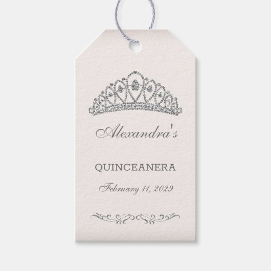 Zilveren glitter Tiara op maat Quinceanera Cadeaulabel (Voorkant)