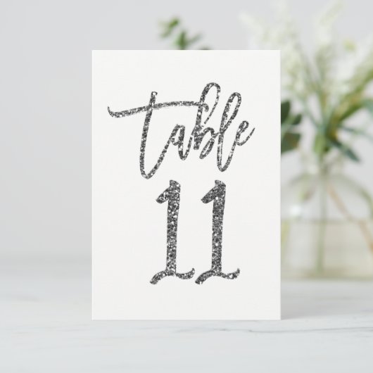 Zilveren Glitter Trendy Script Table Nummer 11 Kaart (Staand voorkant)