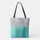 Zilveren Glitter Turqoise Glam Naam Tote Bag (Achterkant)