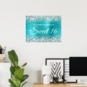 Zilveren Glitter Turquoise Blauw Sweet 16 Welkom Poster (Thuiskantoor)