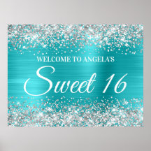 Zilveren Glitter Turquoise Blauw Sweet 16 Welkom