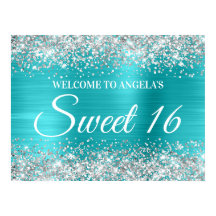 Zilveren Glitter Turquoise Blauw Sweet 16 Welkom