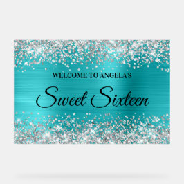 Zilveren Glitter Turquoise Blauw Sweet Sixteen Acryl Bord