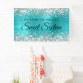 Zilveren Glitter Turquoise Blauw Sweet Sixteen Spandoek (Insitu)