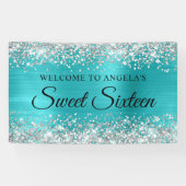 Zilveren Glitter Turquoise Blauw Sweet Sixteen Spandoek (Horizontaal)