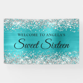Zilveren Glitter Turquoise Blauw Sweet Sixteen Spandoek