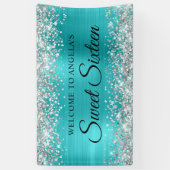 Zilveren Glitter Turquoise Blauw Sweet Sixteen Spandoek (Verticaal)