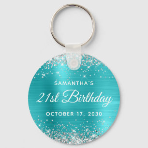 Zilveren Glitter Turquoise Blauwe Folie 21e Verjaa Sleutelhanger